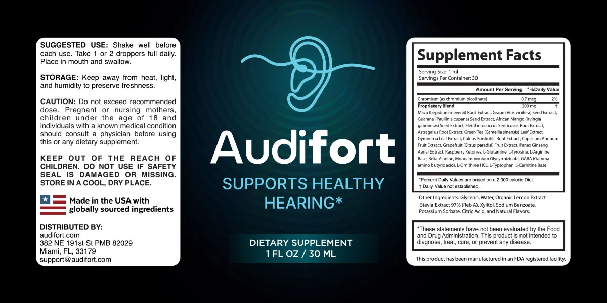Audifort Supplement Facts label with suggested use and cautions
